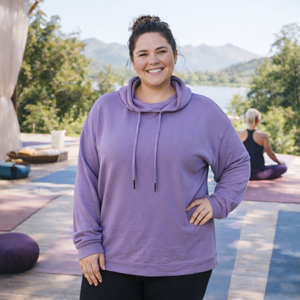 Earth Yoga Hoodie Women 2XL Purple Fleece Lined Stretch Workout Thumbhole Sleeve